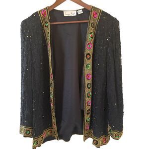 Vintage Laurence Kazar‎ Cardigan Jacket 100% Silk Sz XL Sequin Beaded Party Glam